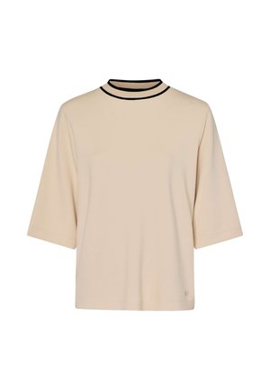 Beige Kurzarmoberteil mit hohem Kragen. Mit einem schwarz gestreiften Kragen. Glatte Textur, lässige Passform und einfaches, sauberes Design.