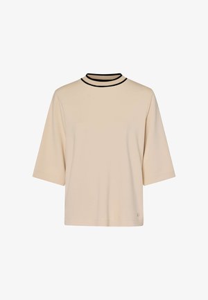 Beige short-sleeve top with a high neckline. Features a black-striped collar. Smooth texture, relaxed fit, and simple, clean design.