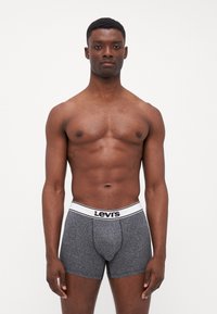 Sive bombažne bokserice s pasom z belim logotipom Levi's. Obliko objemajočega telesa in gladka tekstura. Model stoji ob navadni ozadju.