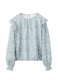 Ljusblå blus med paisleymönster, volangdetaljer vid axlarna, långa ärmar med resår och smockad nederkant. Mjukt, strukturerat tyg.