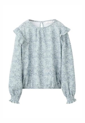 Blouse bleu clair avec motif paisley, accents à volants aux épaules, manches longues élastiquées et ourlet smocké. Tissu doux et texturé.