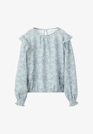 Blouse bleu clair avec motif paisley, accents à volants aux épaules, manches longues élastiquées et ourlet smocké. Tissu doux et texturé.