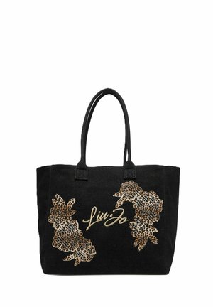 Borsa tote nera con doppi manici, motivi floreali leopardati e logo in scritta dorata "Liu Jo" centrato sul davanti.