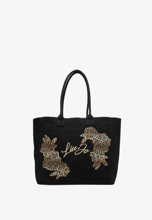 Borsa tote nera con doppi manici, motivi floreali leopardati e logo in scritta dorata "Liu Jo" centrato sul davanti.