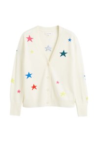 Cardigan crema con scollo a V e chiusura a bottoni, caratterizzato da colorate stelle ricamate in rosa, giallo, blu e verde su tutta la superficie.