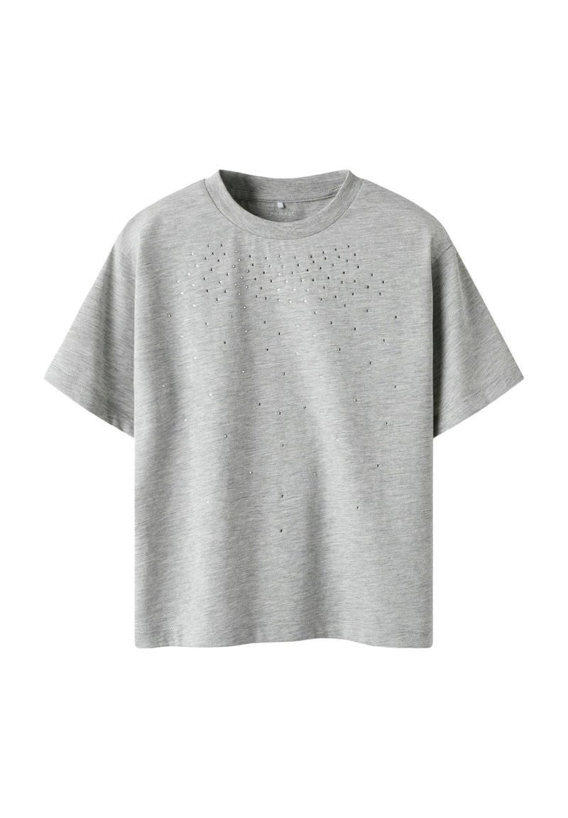 T-shirt grigio a maniche corte realizzato in un tessuto morbido, con un motivo sottile di piccole paillettes lucenti disposte in un arrangiamento a griglia.