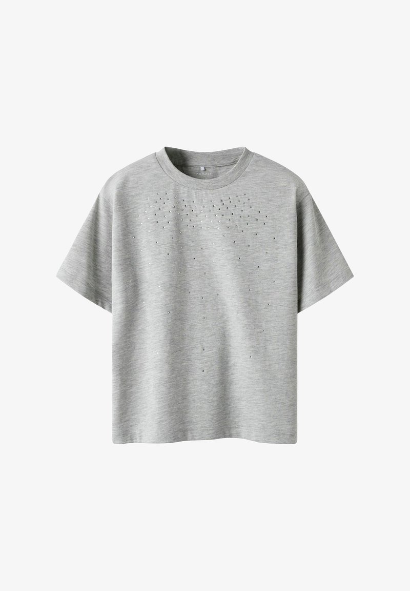 Gray short-sleeve T-shirt made of soft fabric, featuring a subtle pattern of small, shiny rhinestones in a grid-like arrangement.