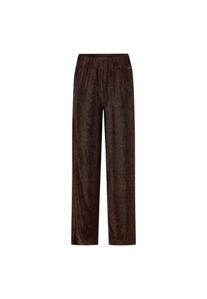 Pantaloni marroni a gamba larga con una texture scintillante e un elastico in vita. Il materiale riflette la luce, offrendo un aspetto lucido.