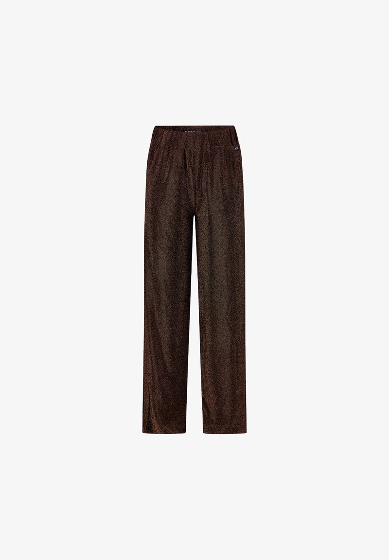 Bruine, wijde broek met een glinsterende textuur en een elastische tailleband. Het materiaal reflecteert licht en biedt een glanzend uiterlijk.