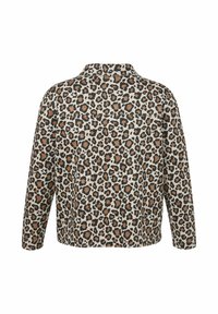 Tijgerprint shirt in beige, met zwarte en bruine vlekken. Lange mouwen, kraagontwerp en een losse pasvorm met zichtbare naden.