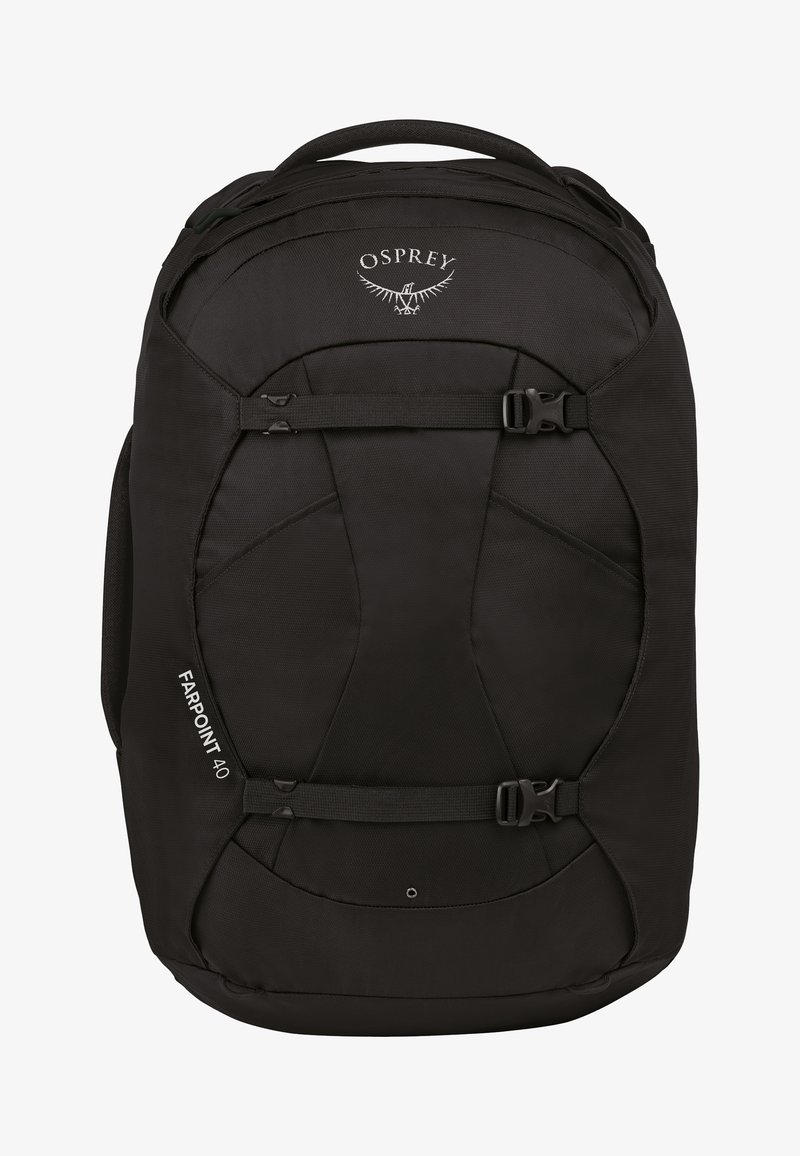 Osprey Farpoint 40 rugzak in het zwart, gemaakt van duurzaam materiaal, met verstelbare gespen, een platte vormgeving en contouraccenten.