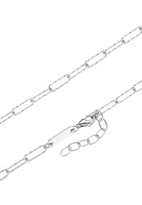 Silver chain featuring elongated, oval links with a textured finish. It includes a claw clasp and a flat tag for personalization.