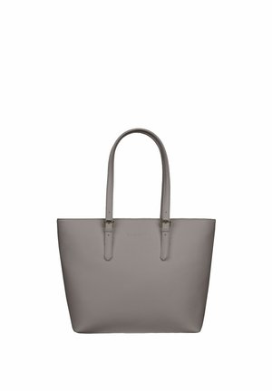Simple taupe leather tote bag with two long adjustable straps and a structured rectangular shape.