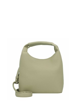 Light green leather handbag with a rounded body, short handle, and detachable shoulder strap. Textured surface with no visible hardware.