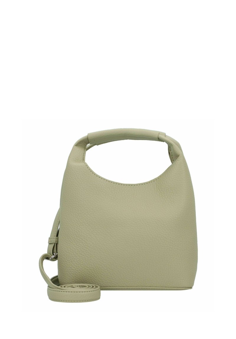 Bolso de mano de cuero verde claro con un cuerpo redondeado, asa corta y correa de hombro desmontable. Superficie texturizada sin hardware visible.
