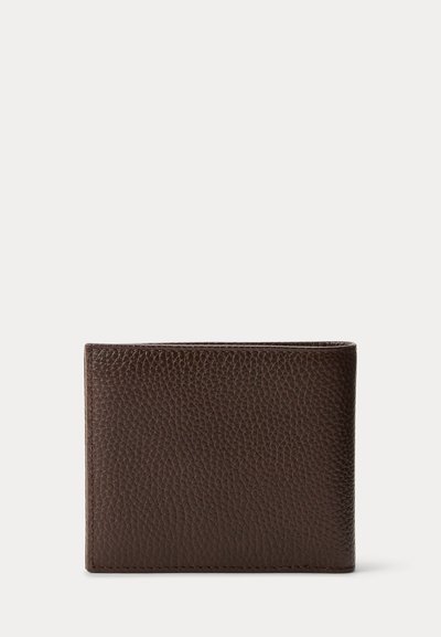 Closed dark brown textured leather wallet on a light background, shown from the front.