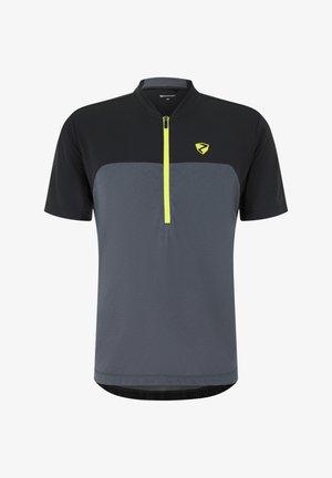 Kurzärmeliges Radtrikot mit schwarzem Oberteil, grauem Unterkörper, gelbem Brustlogo und gelbem Halb-Reißverschluss vorne vor weißem Hintergrund.