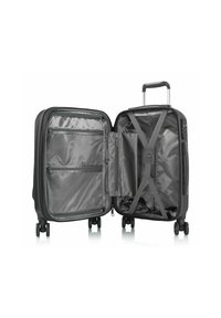 Black suitcase with two wheels, a retractable handle, and an interior featuring multiple pockets, straps, and a smooth inner lining.