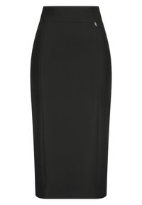 Jupe crayon noire avec une texture lisse, taille haute et un subtil détail d'accent doré sur le côté gauche. Design classique et ajusté.
