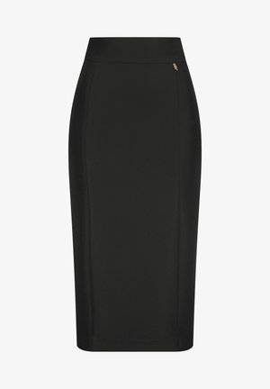 Juoda pieštuku sijonas, pasižymintis glotnia tekstūra, aukštu liemeniu ir subtiliu auksiniu akcentu kairėje pusėje. Klasikinis, prigludęs dizainas.