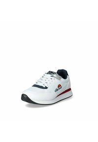 Scarpa sportiva bianca con accenti blu navy, tessuto testurizzato e un logo prominente. Presenta una suola rossa e bianca e chiusura con lacci.