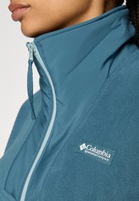 Gros plan sur une personne portant une veste en polaire bleu Columbia avec un col montant partiellement zippé.