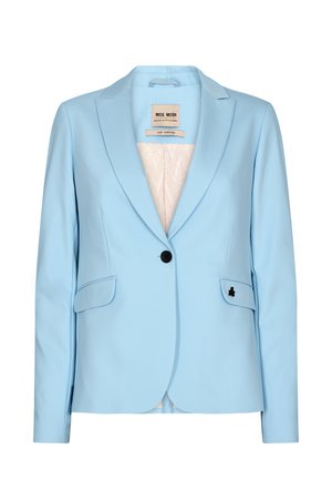 Lichtblauwe getailleerde blazer met een enkele zwarte knoop, uitgesneden revers, twee voorzakken met klep en een crèmekleurige binnenvoering.
