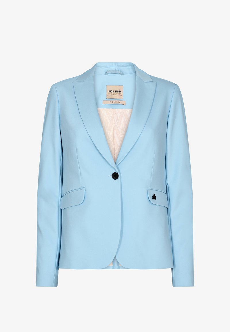 Veston bleu clair ajusté avec un unique bouton noir, revers crantés, deux poches avant à rabat et doublure intérieure crème.