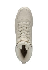 Beige high-top sneaker with perforated toe, textured fabric, flat laces, and soft, fur-like lining. Logo visible inside shoe.