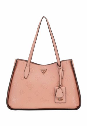 Borsa a spalla in pelle sintetica rosa con motivo logo stampato, rifiniture in marrone a contrasto e un'etichetta bagaglio removibile. Due manici lunghi.