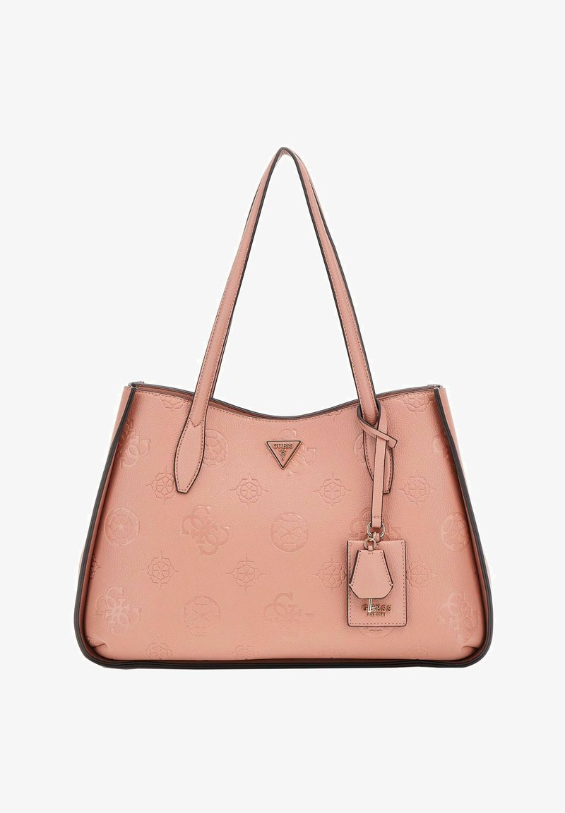 Borsa a spalla in pelle sintetica rosa con motivo logo stampato, rifiniture in marrone a contrasto e un'etichetta bagaglio removibile. Due manici lunghi.