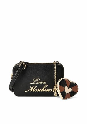 Sac bandoulière Black Love Moschino avec chaîne et logo dorés, doté d'une pochette en forme de cœur attachée, en patchwork noir, marron et beige.