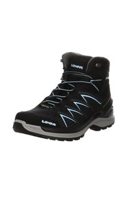 Black hiking boot with mesh fabric, subtle blue accents, and a textured finish. Features lacing system and a rugged sole for traction.