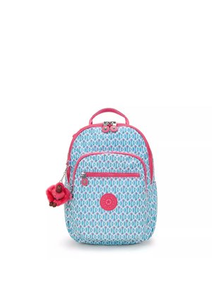 Zaino blu medio con un motivo ripetuto, dettagli rosa, doppie zip e un portachiavi a forma di scimmietta pompon staccabile attaccato.
