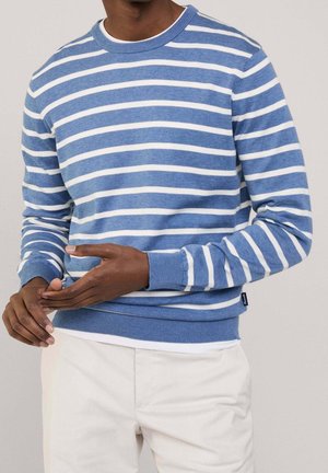 Mann trägt langärmeligen Pullover mit Rundhalsausschnitt und horizontalen weißen und blauen Streifen, kombiniert mit hellen Hosen. Hände sind mittig in einer Geste positioniert.
