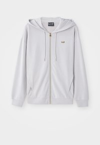 Sweatshirt zíper cinza-claro feito de um tecido suave, com capuz, zíper dourado e um pequeno logo no peito. Textura lisa e corte descontraído.
