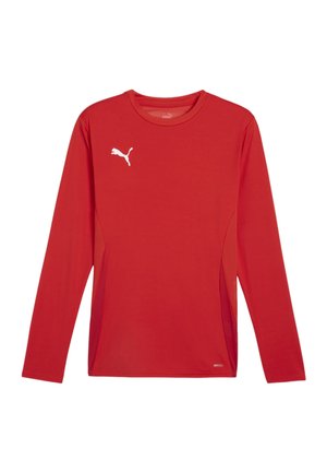 Rood sportshirt met lange mouwen van soepel materiaal. Bevat een wit Puma-logo, ademende mesh zijkanten en een ronde halslijn.