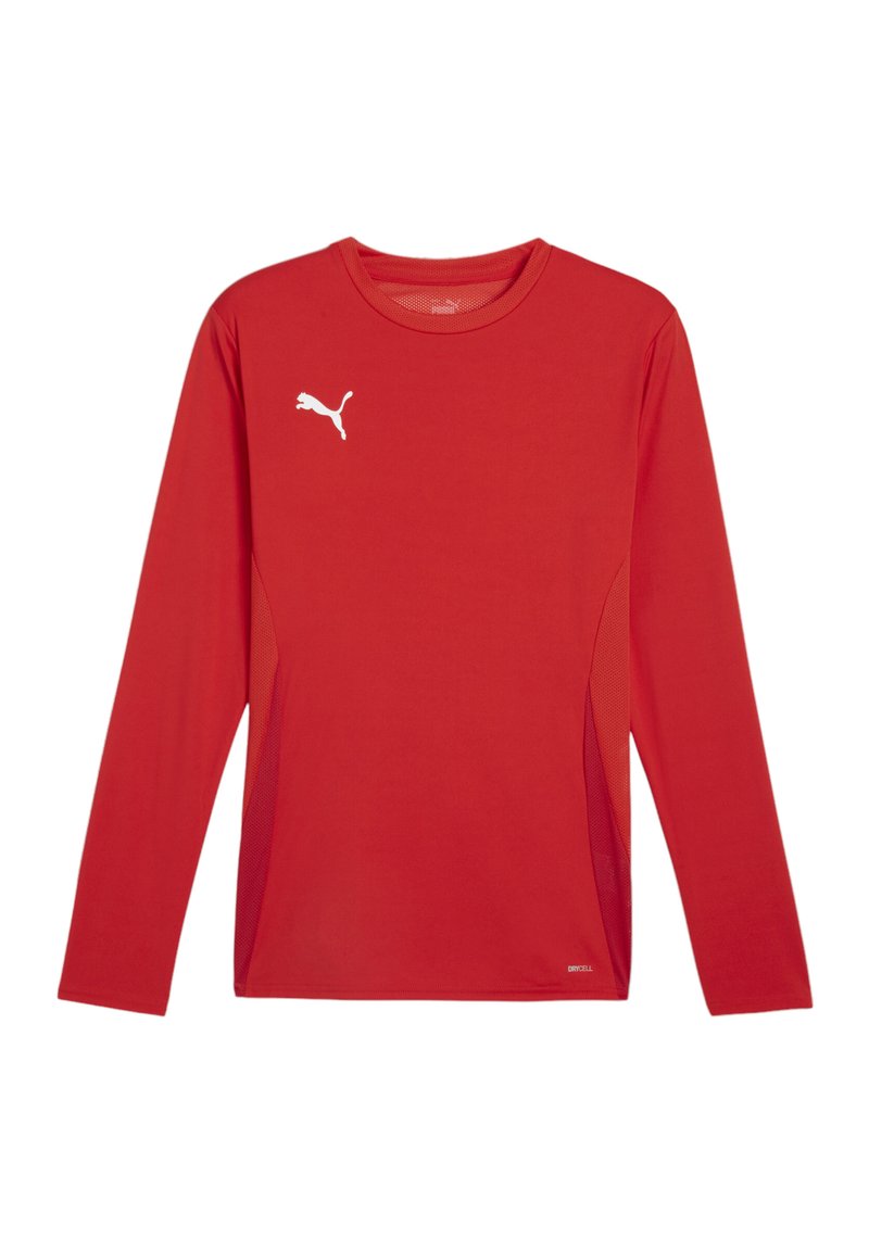 Rood sportshirt met lange mouwen van soepel materiaal. Bevat een wit Puma-logo, ademende mesh zijkanten en een ronde halslijn.