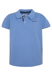 Lichtblauwe polo met korte mouwen, kraag en een klein "Pepe Jeans" logo aan de linkerkant. Schone, casual uitstraling geschikt voor verschillende gelegenheden.