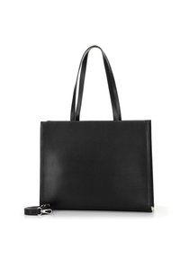 Borsa a tracolla nera in pelle con superficie liscia, forma rettangolare, due manici lunghi e tracolla rimovibile. Presenta una chiusura superiore con zip.