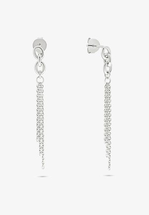 Orecchini a goccia in metallo argentato con catene ovali collegate e numerosi frange di catena sottostanti.