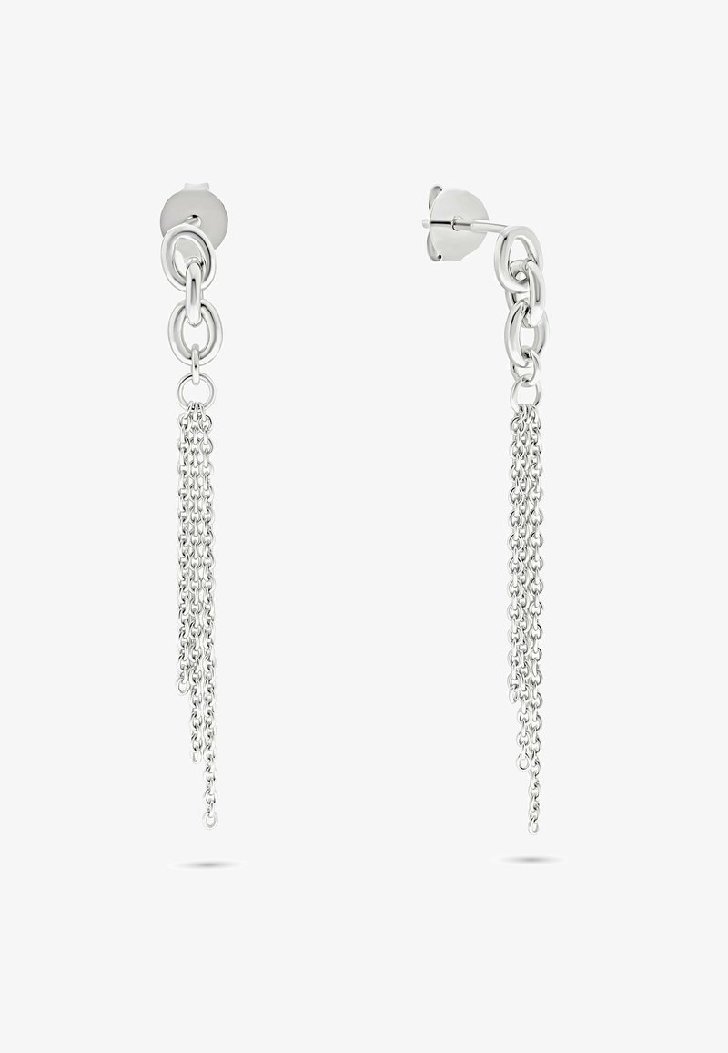 Zilveren metalen hangende oorbellen met verbonden ovale kettingen en meerdere fijne kettingfranjes die eronder hangen.