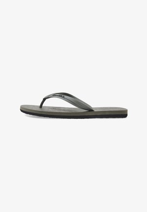Graue Flip-Flops mit einem strukturierten Fußbett, schlanken Gummiriemen und einer schwarzen Sohle. Bieten leichten Bogenstütz für zusätzlichen Komfort.
