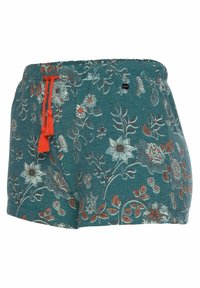 Teal shorts met bloemenpatroon, uitgerust met een elastische tailleband en oranje trekkoord. Voorzien van franjes en een klein zwart merklabel.