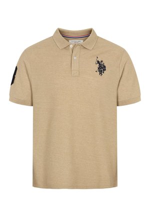Béžové polo tričko z textúrovanej bavlny, so zapínaním na tri gombíky, krátkymi rukávmi a čiernym vyšívaným logom na prsiach a rukáve.