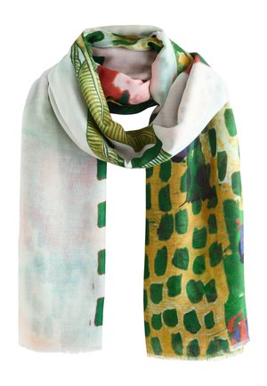 Lekki szal z abstrakcyjnymi zielonymi i żółtymi wzorami, z motywami liści i kwiatów na miękkim białym i pastelowym tle.