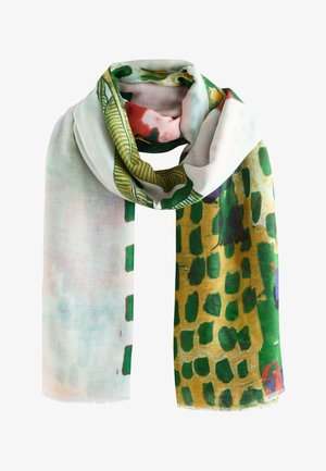 Lekki szal z abstrakcyjnymi zielonymi i żółtymi wzorami, z motywami liści i kwiatów na miękkim białym i pastelowym tle.