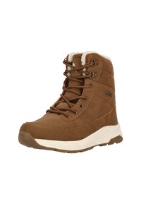 Bottines à lacets en simili cuir marron et textile avec un col rembourré, une semelle intermédiaire blanche et des accents texturés. Elle présente des œillets en métal et des détails de couture.