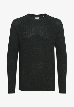 Dunkelgrüner Strickpullover mit langen Ärmeln, runder Ausschnitt und einem strukturierten Muster, das offene Maschen für Atmungsaktivität aufweist.