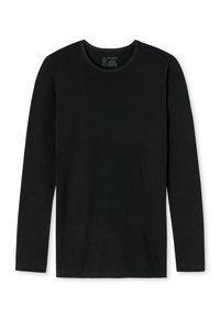 Camiseta de manga larga negra hecha de algodón suave con un escote redondo y un diseño minimalista. Sin patrones visibles ni detalles de hardware.